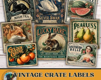 Vintage Crate Labels Digital Print -  Retro Fruit & Animal stickers,Illustrations