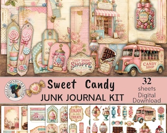Vintage söt godis skräpjournal kit, digitalt papperspaket, godisbutik scrapbooksidor, kort med ephemera-etiketter
