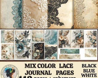 Blandade färger spets skräpjournalsidor, svart blå vit beige Ephemera-kit