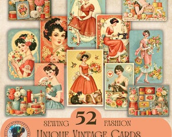 52 vintage mode- och sömnadskort med kortspel, retro 1950-talsstil skräpjournalkit