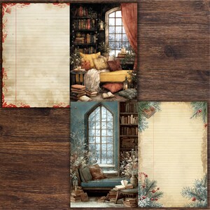 Op de afbeelding: Een collectie briefpapier met gezellige wintertaferelen. De ontwerpen omvatten gelijnd papier met decoratieve randen en illustraties van leeshoeken met boeken, ramen en feestelijke decoraties. Het kleurenpalet omvat warme tinten en winterse blauwtinten.
