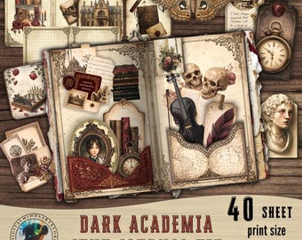 May include: A 40-sheet junk journal kit featuring dark academia imagery including skulls, a violin, a moth, a pocket watch, a bust, and vintage book illustrations. The kit includes various paper designs with ornate borders and text, measuring 8.5 by 11 inches.