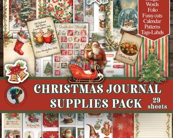 Julkalender, vintage scrapbooking-kit för högtider, digital nedladdning
