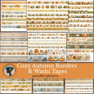 May include: A collection of printable washi tape and border designs featuring autumn themes, including pumpkins, fall foliage, cozy houses, sunflowers, plaid patterns, and bicycles in warm orange, yellow, green, and brown color palettes.