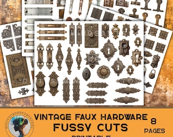 Vintage Faux Hardware Fussy Cuts, druckbare Ephemera Pack für Scrapbooking & Journaling (8 Seiten)