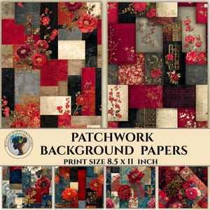 May include: Patchwork background papers with floral and geometric patterns in red, black, gold, and grey. The print size is 21.6 x 27.9 cm. The design features a variety of textures and styles, including floral and geometric elements.