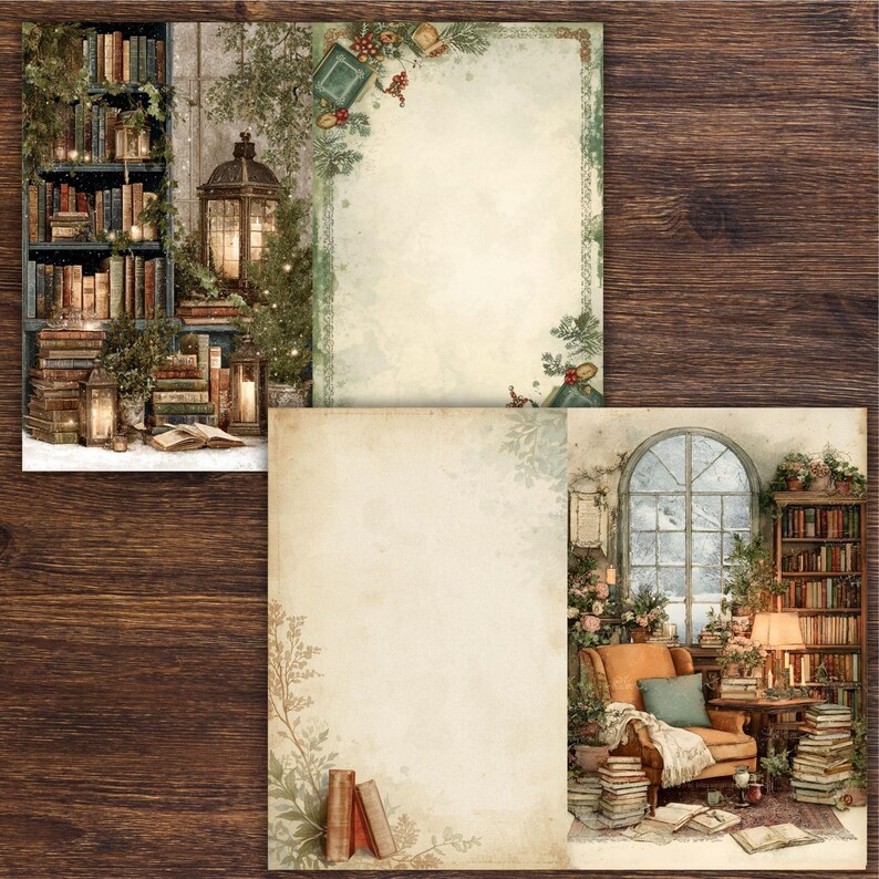 Op de afbeelding: Twee vellen briefpapier met een vintage, gezellig thema. E&eacute;n vel toont een boekenplank, lantaarns en groen. De andere heeft een raamsc&egrave;ne met een fauteuil, boeken en een lamp. Beide hebben een cr&egrave;mekleurige achtergrond.