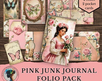 May include: A pink junk journal folio pack with a vintage aesthetic. The pack includes folios, pocket cards, and decorative elements featuring butterflies, roses, and a woman in a pink dress. The text "Print & Use" and "Pink Junk Journal Folio Pack" are visible.
