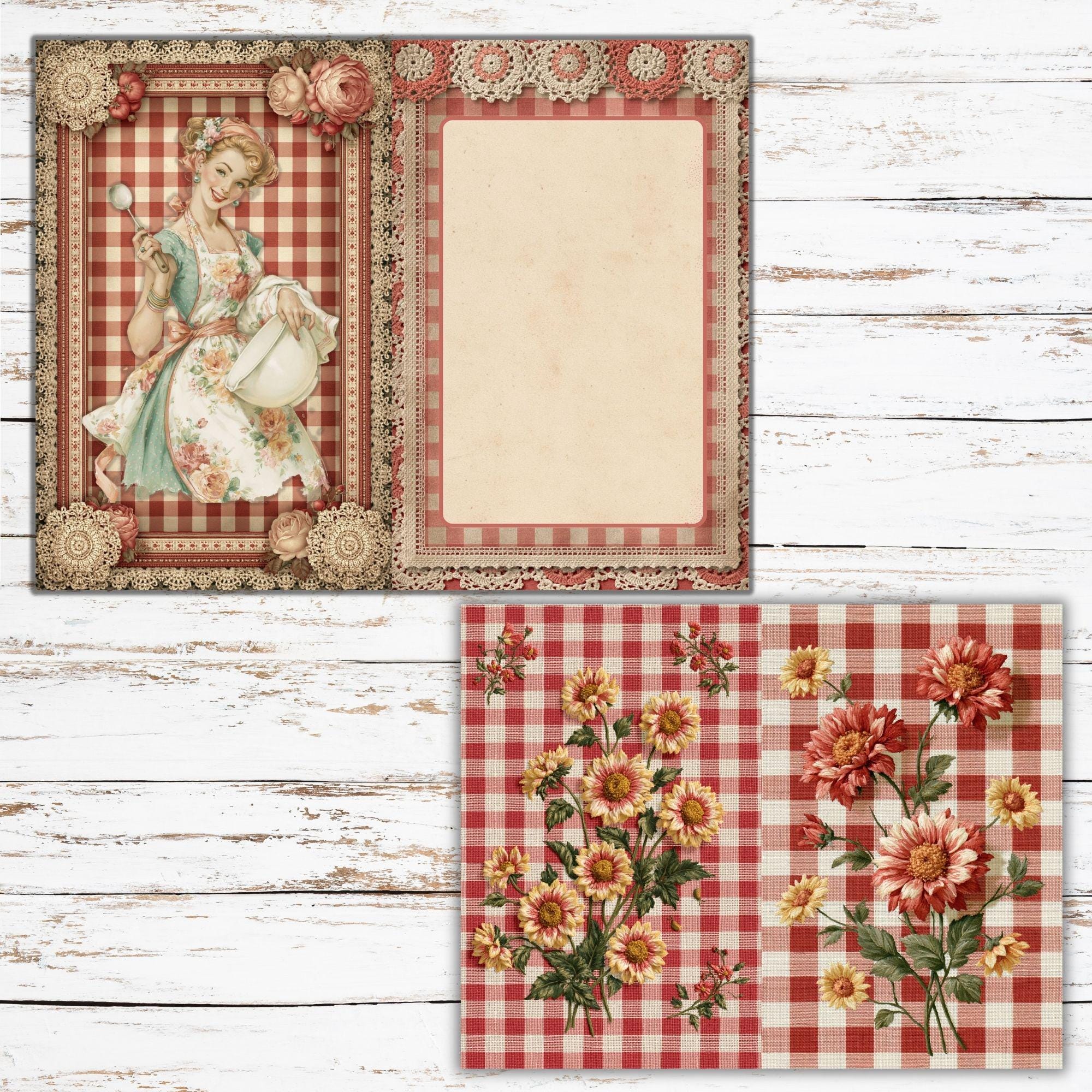 Retro Kitchen Junk Journal Kit, Vintage Recipe Cards Printable, Gingham ...