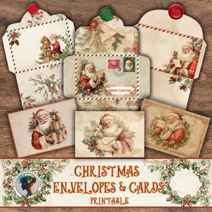 Op de afbeelding: Een verzameling vintage kerstenveloppen en kaarten met illustraties van de Kerstman. De enveloppen hebben decoratieve randen en zijn verzegeld met wasstempels. De kaarten en enveloppen hebben een rustieke, antieke uitstraling, met de tekst "Christmas Envelopes & Cards Printable".