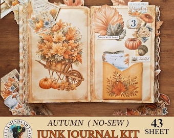 Utskrivbar höstjournal med skräp, sömnadsfri höstkit, vintage höstephemera-set, instruktionsvideo, digital nedladdning