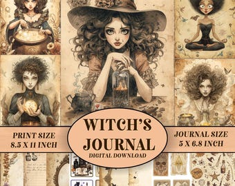 Witch's Journal, Printable Vintage Witch-Themed Journal Pages,Digital Download