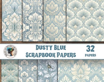 Digitalt scrapbookpapperspaket i dammigt blått, vintagedamastpapper, blommönster i bakgrunden