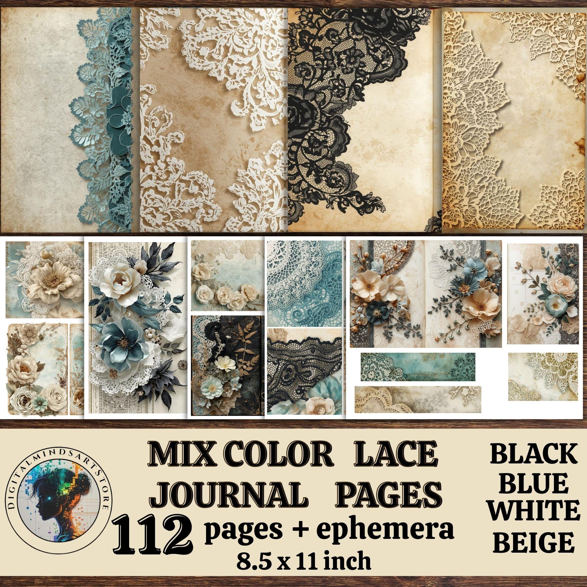 Color Background Journal Mix Color Lace Junk Journal Pages, Black Blue White Beige Ephemera Kit ...