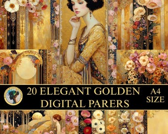 20 eleganta gyllene digitala papper, A4-storlek, blommiga, jugendbakgrunder för hantverk