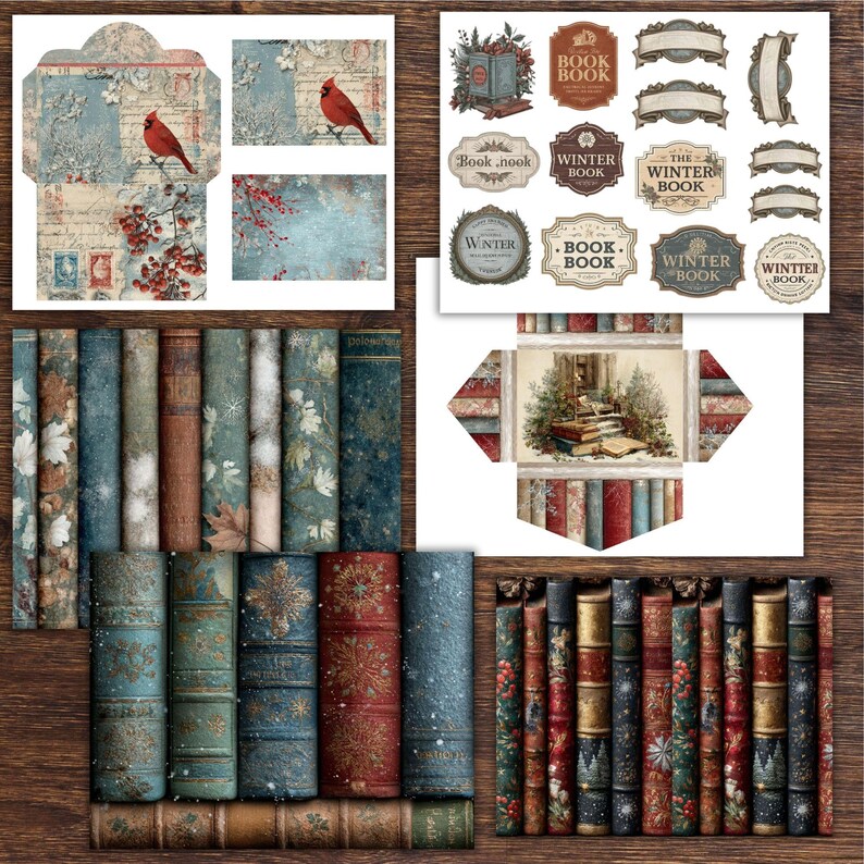 Op de afbeelding: Een collage van vintage papieren ephemera met een rode kardinaal, winterthema boekcovers en decoratieve labels. Het kleurenpalet omvat blauw, rood en bruin, wat een gezellige, antieke esthetiek oproept. Geschikt voor scrapbooking of knutselwerk.