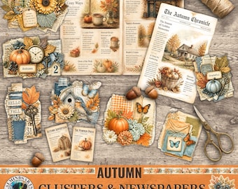 Höstkluster och tidningstryck, solroskluster Clipart, Vintage Harvest Paper Craft, Digital Nedladdning