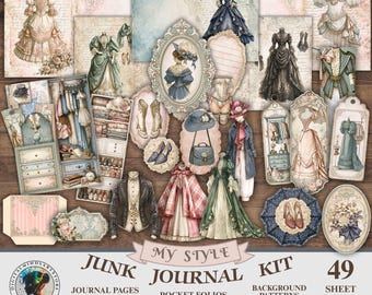 Viktorianskt mode skräpjournalkit | Shabby Chic digitala efemera