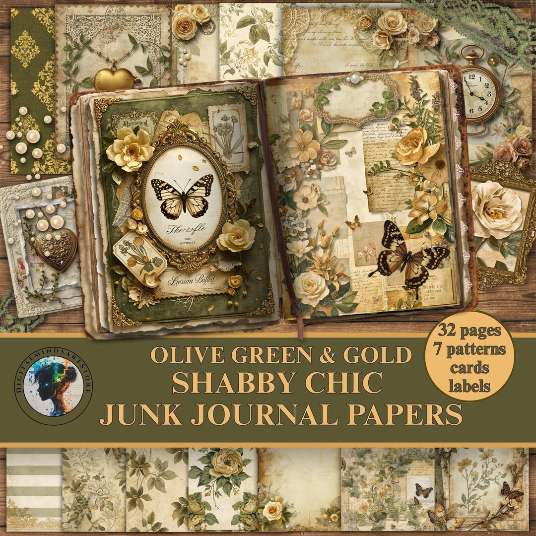 Shabby Chic Junk Journal Kit: Olive Green & Gold, Butterflies (digital ...