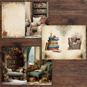 Op de afbeelding: Een collage van illustraties in vintage-stijl met gezellige leeshoeken en stapels boeken. E&eacute;n afbeelding toont een stapel boeken met een brandende kaars. Een andere toont een mand met boeken en bloemen. Het algemene thema is een warme, uitnodigende bibliotheekomgeving.