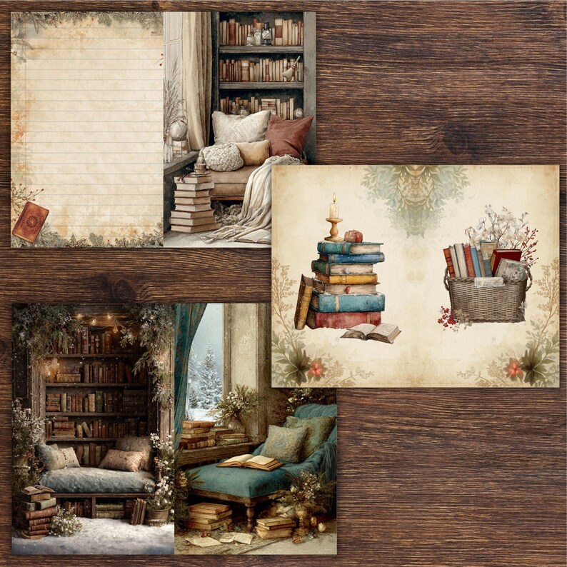 Op de afbeelding: Een collage van illustraties in vintage-stijl met gezellige leeshoeken en stapels boeken. E&eacute;n afbeelding toont een stapel boeken met een brandende kaars. Een andere toont een mand met boeken en bloemen. Het algemene thema is een warme, uitnodigende bibliotheekomgeving.