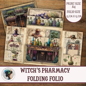 May include: A decorative folding folio with a witch's pharmacy theme. The design features illustrations of apothecary bottles, herbs, and a shop front. The folio size is 15 cm x 15 cm.