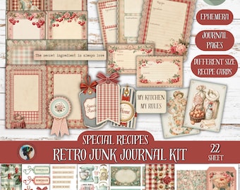Może przedstawiać: Zestaw do dziennika śmieci retro z kartami przepisów, efemerami i stronami dziennika. Projekt zawiera wzory wiśni i kwiatów z estetyką vintage. Zestaw zawiera etykiety i elementy dekoracyjne. Tekst zawiera "Special Recipes", "Retro Junk Journal Kit" i "The secret ingredient is always love."