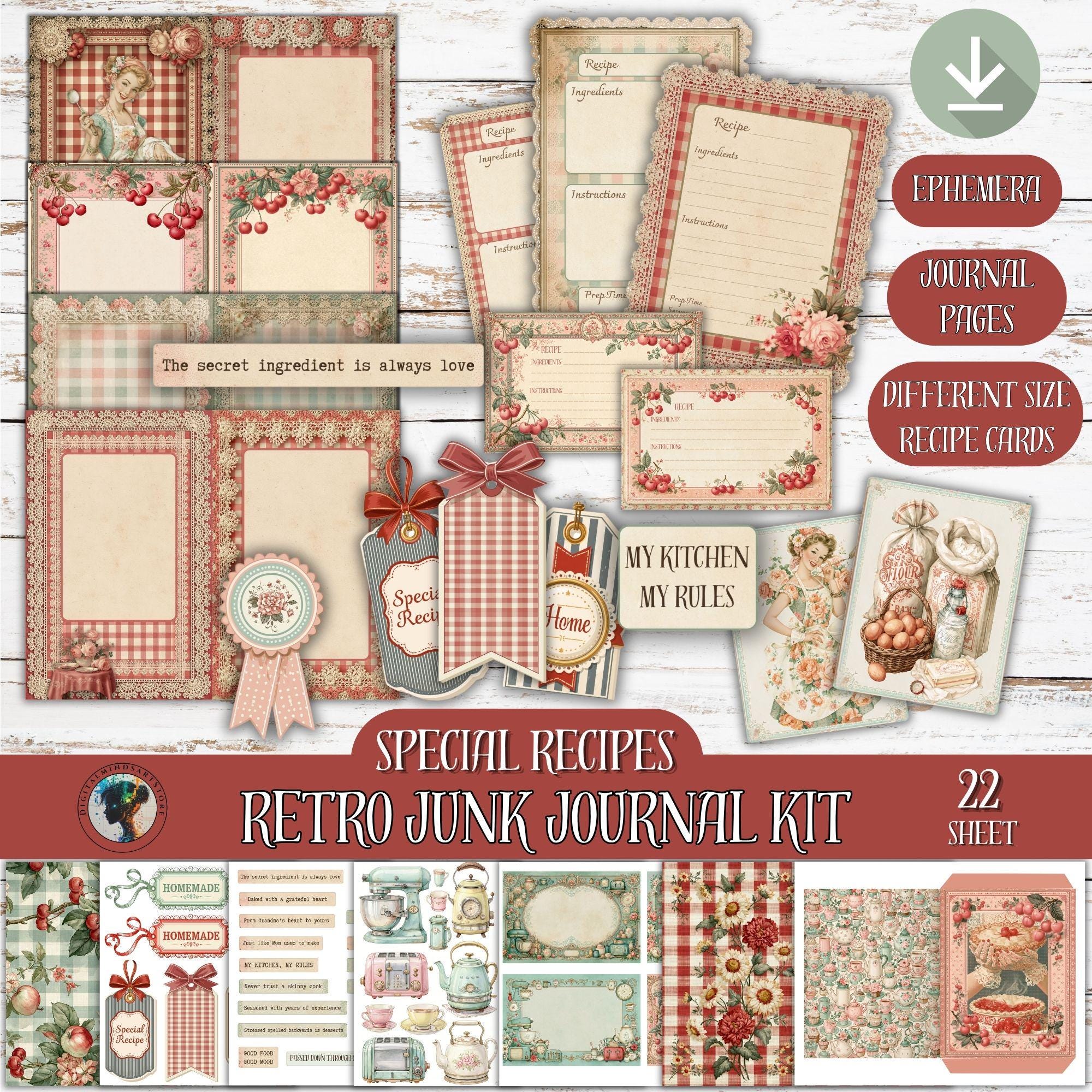 Retro Kitchen Junk Journal Kit, Vintage Recipe Cards Printable, Gingham ...