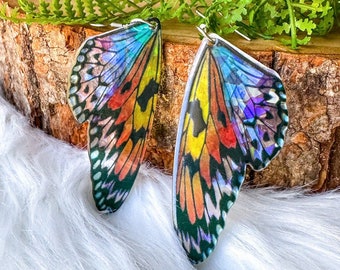 Butterfly Iridescent Wings - Rainbow Holographic Statement Earrings - Y2K Gold Stained Glass Handmade Jewelry
