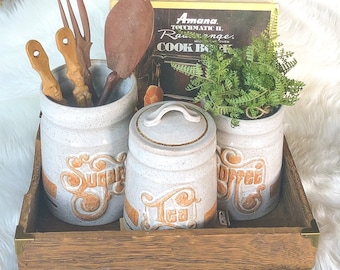 Handmade Vintage Pottery Craft USA Set of 3 Stoneware Coffee, Tea, Sugar Lid Canister Retro Kitchen Hide Your Cookies From The Kids Jar