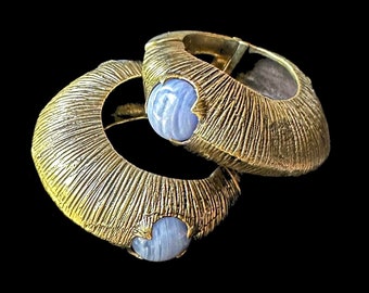 Brass Blue Lace Agate Stone Hinged Ear Weights 2ga 6mm | Stretched Body Modification Jewelry | Tribal Jewels Indonesia