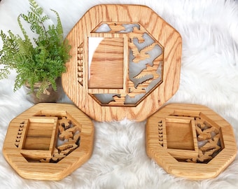 Vintage Set of 3 Hand Carved Wood Picture Frames - Walnut Butternut Oak? - Octagon Bird Heart Photo Wall Hanging - Eagle Oriental Style