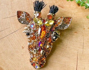 Giraffe Head Gold Tone Bling Crystal Brooch - Yellow, Orange, Amber Colored Stones - Large Chunky Rhinestone Pin
