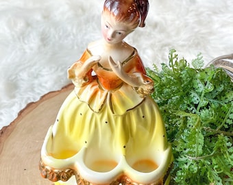 Vintage Chadwick Girl Figural Lipstick Holder | Yellow Orange Dress Princess Mid-Century Lady Figurine | Japan Collectible Vanity Organizer