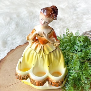 Vintage Chadwick Girl Figural Lipstick Holder | Yellow Orange Dress Princess Mid-Century Lady Figurine | Japan Collectible Vanity Organizer