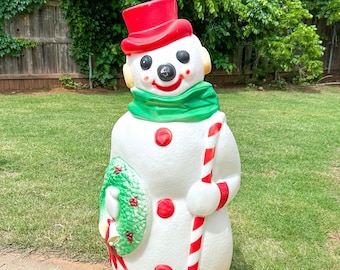 Vintage 1968 Empire 46” Lighted Snowman Christmas Wreath Candy Cane Blow Mold