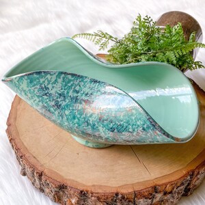 Vintage Mid Century Blue Gold Glaze Folded Pinched Biomorphic Bowl Vase Pottery Decor Italy