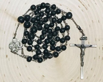 Vintage Italy Mid-Century Black Bead Chain Rosary With Silver Cross Embossed Italy