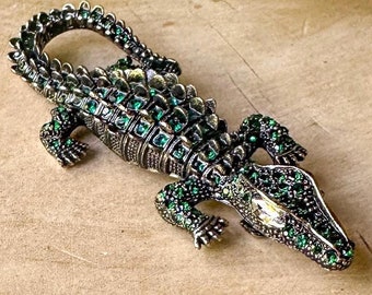 Alligator Antique Gold Tone Bling Crystal Brooch - Green & Clear Colored Stones - Large Chunky Rhinestone Crocodile Pin