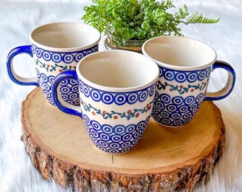 3x BOLESLAWIEC Blue POLISH Pottery Poland Coffee MUG Peacock Berry Cherry Vintage Set of 2