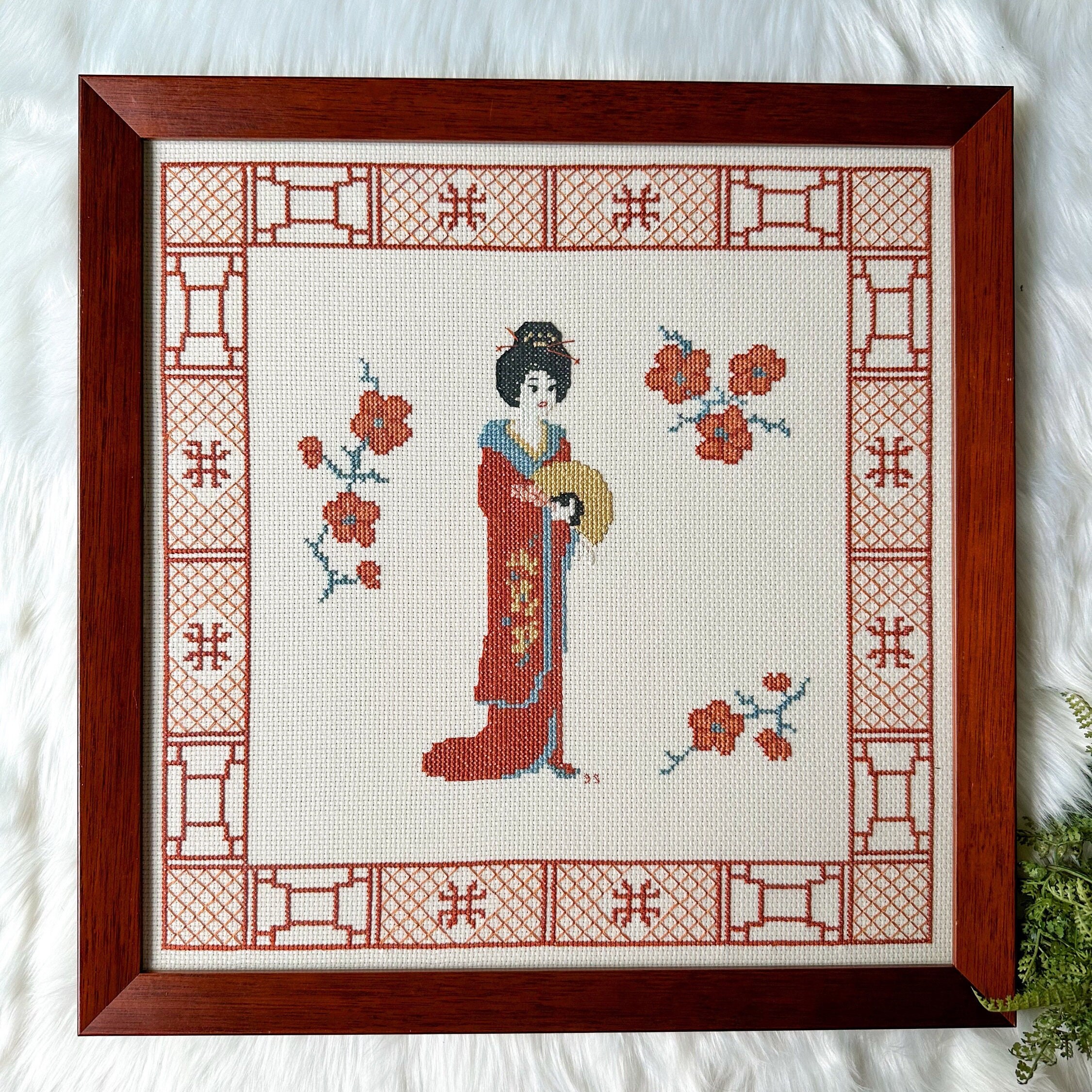 Vintage Japanese Geisha Woman Kimono Needlepoint Cross-stitch Finished Framed