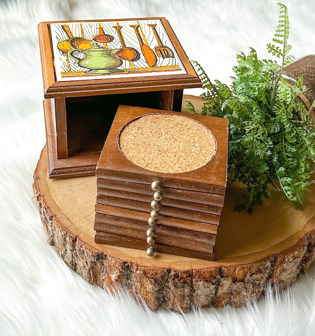 Vintage Kitchen Wood & Cork Coaster Tile Inlay Top Storage Box Set of 8