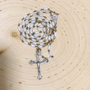 Vintage MID-CENTURY Mother of Pearl Bead Chain w Sterling Silver 925 Components ROSARY