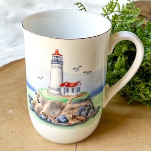 OTAGIRI Cup Coffee Vintage Mug Sheila Brown LIGHTHOUSE Seagulls Porcelain Gold