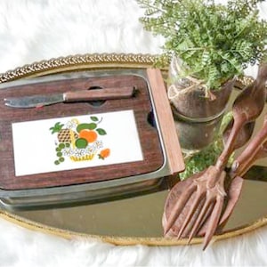 Vintage 1970's Charcuterie Board- Wood, Metal & Ceramic Tile Snack Tray, Hot Pot Holder, Fruit Trivet, Cheese Cutting- Knife Serving Plate