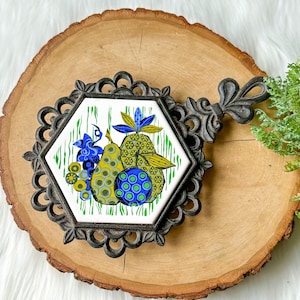 Vintage Japan Cast Iron Trivet - Blue Green Retro Fruit Grape Fruit Pineapple Orange - Ceramic Tile Mid Century Groovy Mod Kitchen Decor