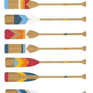 May include: Ten wooden paddles with different colored stripes and patterns. The paddles are arranged vertically with letters A through J on the left side. On the right side are ten paint swatches in different colors.