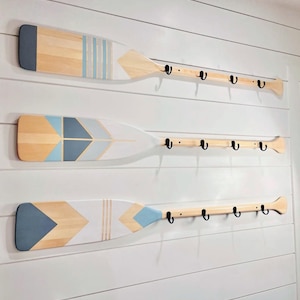 Hand Painted Coastal Paddle Hook Rack: Beach Blues Cottage Decor SQ