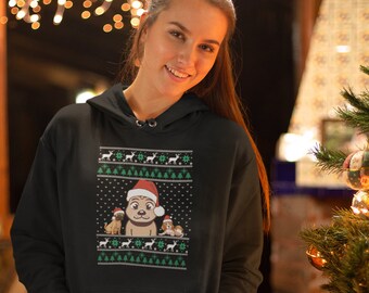Pug Dog Christmas Sweater, Puppy Xmas Winter Holiday Hoodie, Oversized Sweatshirts, Gifts for Pet Lovers TH551