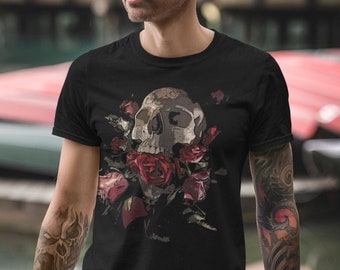 May include: A black t-shirt with a graphic print of a skull surrounded by red roses.